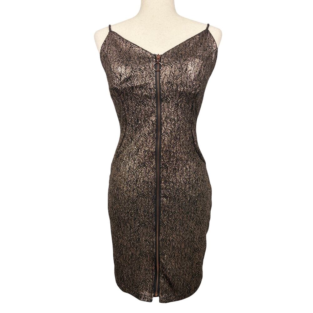 Haute Monde Gold Black Metallic Bodycon Dress Front Zip Size L